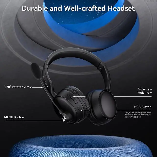 Alt view image 6 of 7 - Bluetooth Headset with Microphone, 60 Hrs Bluetooth Headphones with Mic, Wireless Headset with Mic for Work/Meetings/Office/iPhone/Phone Calls/Call Center/Computer/PC/Teams/Zoom/Podcast/Skype/WebEx