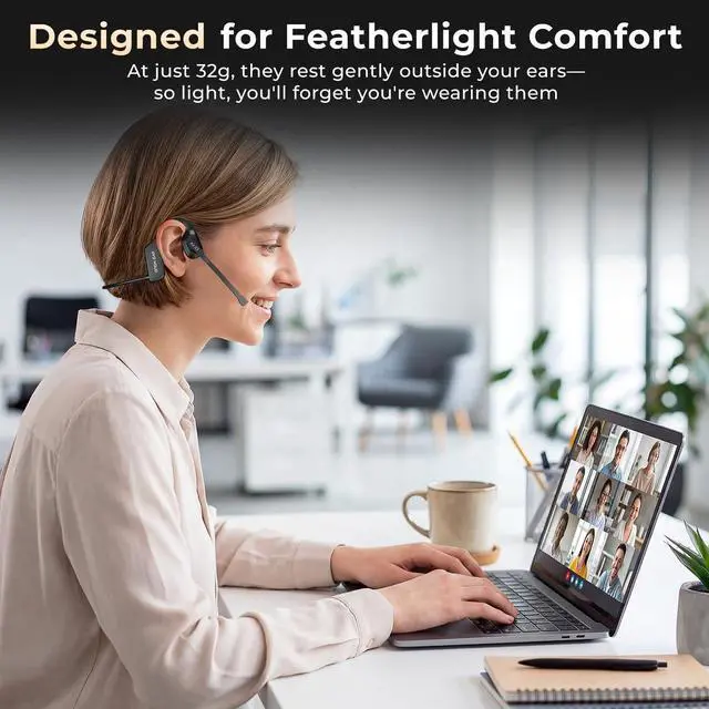 Alt view image 2 of 7 - Air Conduction Open Ear Headphones with Mic, AI Noise Cancelling Bluetooth Headset, Dual Connect Wireless Headphones with Mute Button, 32g Lightweight for Work, Driving, Workout, Calls Black