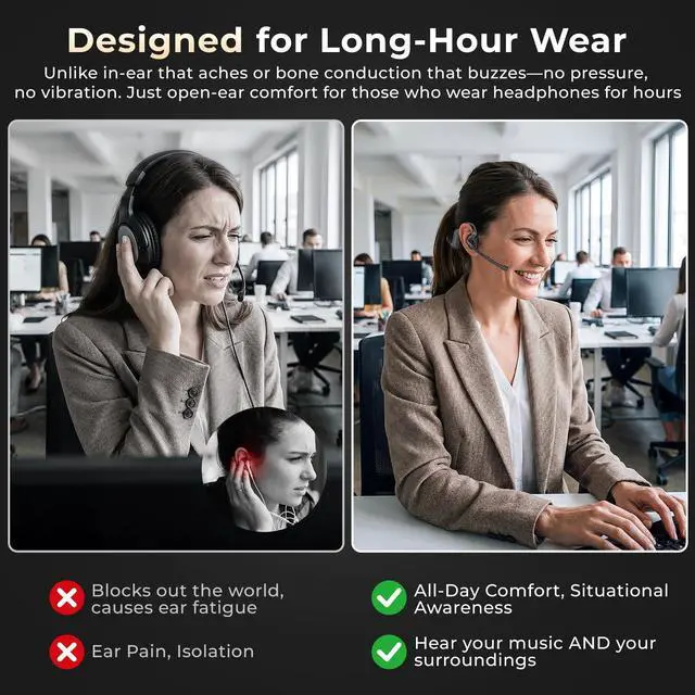 Alt view image 3 of 7 - Air Conduction Open Ear Headphones with Mic, AI Noise Cancelling Bluetooth Headset, Dual Connect Wireless Headphones with Mute Button, 32g Lightweight for Work, Driving, Workout, Calls Black