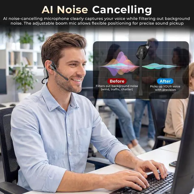 Alt view image 5 of 7 - Air Conduction Open Ear Headphones with Mic, AI Noise Cancelling Bluetooth Headset, Dual Connect Wireless Headphones with Mute Button, 32g Lightweight for Work, Driving, Workout, Calls Black