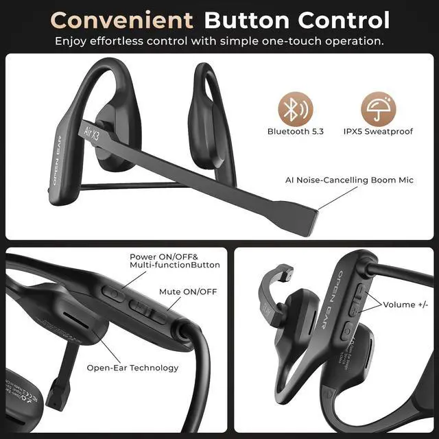 Alt view image 7 of 7 - Air Conduction Open Ear Headphones with Mic, AI Noise Cancelling Bluetooth Headset, Dual Connect Wireless Headphones with Mute Button, 32g Lightweight for Work, Driving, Workout, Calls Black