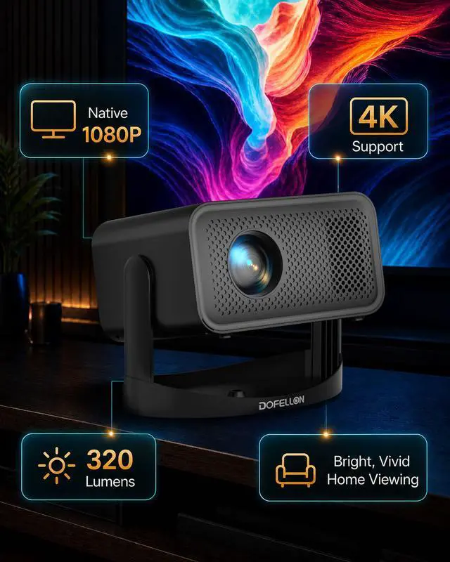 Alt view image 2 of 7 - 4K Smart Mini Projector for Home Theater, WiFi & Bluetooth, Native 1080P