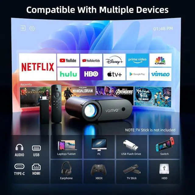 Alt view image 3 of 7 - Home Projector with WiFi and Bluetooth, Native 1080P Mini Movie Projector, 200 ANSI, Wired Screen Mirroring, HDMI USB TypeC, Video Projector for Home Theater Indoor & Outdoor Movie