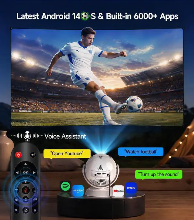 Alt view image 7 of 7 - 2026 Football-Themed Mini Projector, 4K Support Android 14 HY300F