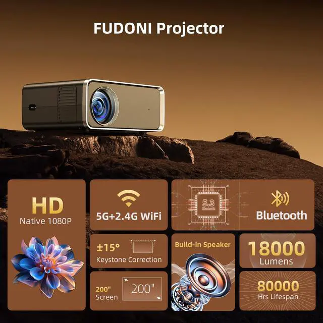 Alt view image 2 of 7 - WiFi Bluetooth Projector, 4K Supported, Native 1080P FHD Projector