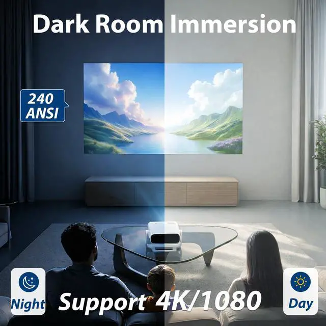 Alt view image 2 of 7 - 2026 Smart Projector Android TV with WiFi 6 and Bluetooth 5.0 Built in 1000+ Apps 240 ANSI Portable Bedroom Mini Movie Projector Support 4K/1080P Auto Keystone & Zoom