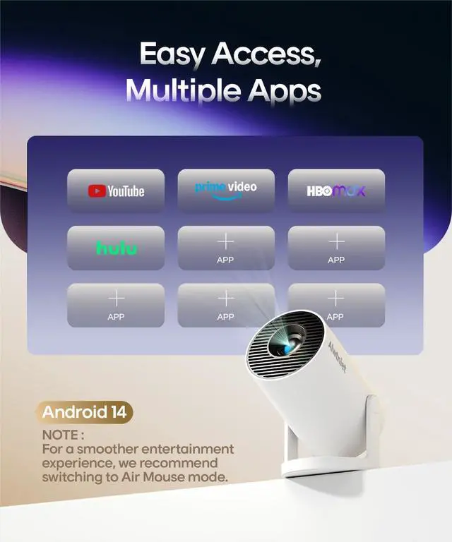 Alt view image 5 of 7 - Mini Projector with Wifi 6 and Bluetooth5.4, Portable Projector 4K Support, Android 14 Smart Proyector with 200ASIN & Auto Keystone, HY300Pro Small Proyector for Bedroom, Movie, Outdoor