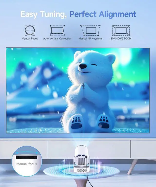 Alt view image 2 of 7 - Mini Projector with WiFi 6 and Bluetooth 5.4, Portable Projector 4K Support, 5W Soundbase Speaker, Auto Vertical Keystone 180°Rotatable Smart Proyector for Movie Home Outdoor