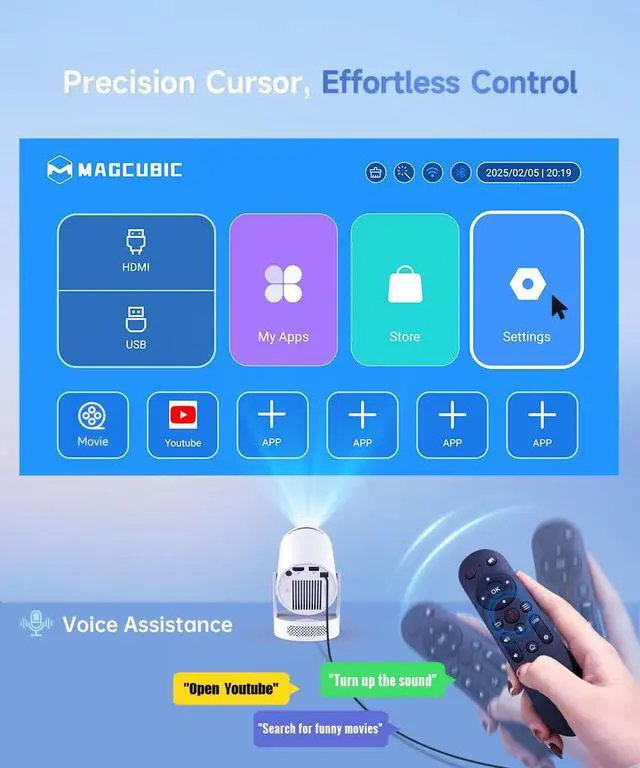 Alt view image 6 of 7 - Mini Projector with WiFi 6 and Bluetooth 5.4, Portable Projector 4K Support, 5W Soundbase Speaker, Auto Vertical Keystone 180°Rotatable Smart Proyector for Movie Home Outdoor