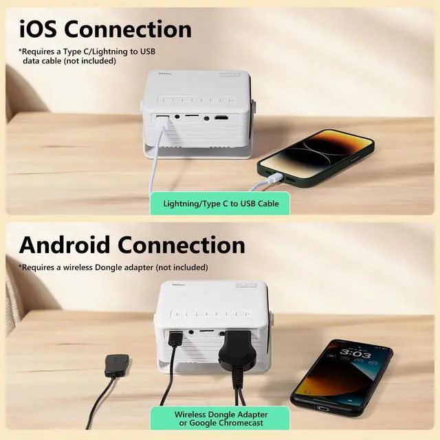 Alt view image 3 of 7 - 360° Rotating & Auto KeystoneY3 Mini Projector, 2026 Upgraded Portable Projector for Bedroom, 50% Zoom Small Movie Projector for phone, Compatible with iPhone/Android/TV Stick/HDMI/USB/TF Card