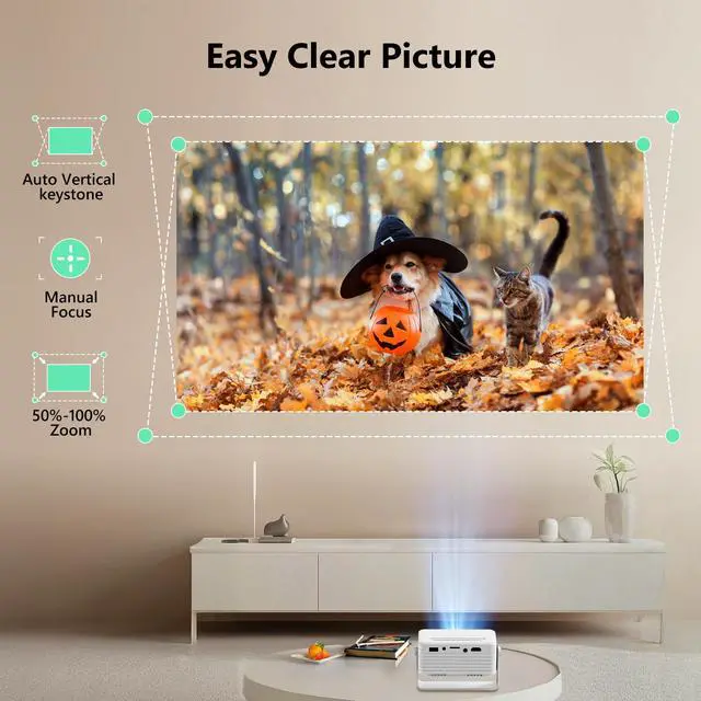 Alt view image 6 of 7 - 360° Rotating & Auto KeystoneY3 Mini Projector, 2026 Upgraded Portable Projector for Bedroom, 50% Zoom Small Movie Projector for phone, Compatible with iPhone/Android/TV Stick/HDMI/USB/TF Card
