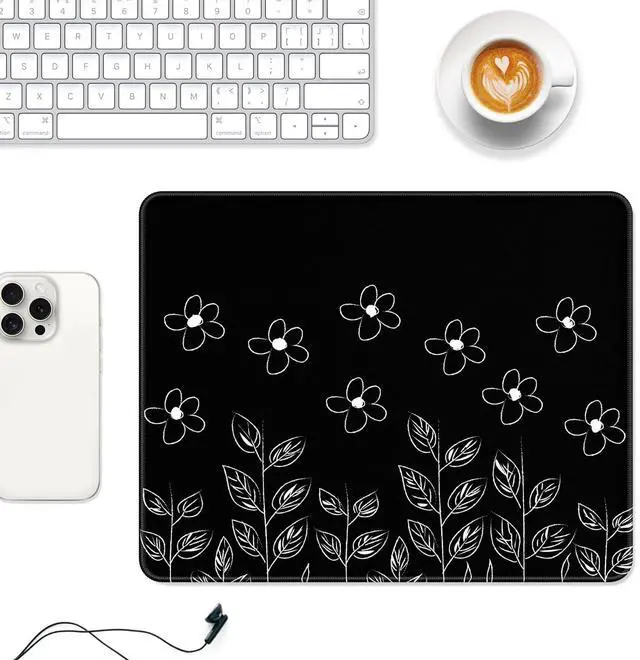 Alt view image 2 of 7 - Mouse Pad, 12 x 10 in Flower Theme Computer Mouse Pad for Desk, Premium-Textured Non-Slip Rubber Stitched Edges Waterproof Square Mouse Mat for Gaming Work Wireless Mice, Black