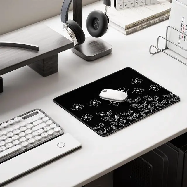 Alt view image 6 of 7 - Mouse Pad, 12 x 10 in Flower Theme Computer Mouse Pad for Desk, Premium-Textured Non-Slip Rubber Stitched Edges Waterproof Square Mouse Mat for Gaming Work Wireless Mice, Black