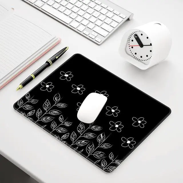 Alt view image 7 of 7 - Mouse Pad, 12 x 10 in Flower Theme Computer Mouse Pad for Desk, Premium-Textured Non-Slip Rubber Stitched Edges Waterproof Square Mouse Mat for Gaming Work Wireless Mice, Black