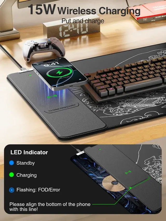 Alt view image 2 of 7 - Wireless Charging Mouse Pad, 31.5"x15.8" Large Desk Mat, Smooth Glide