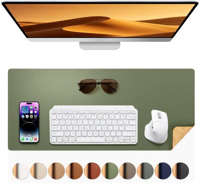 Main image of Dual-Sided Desk Mat - Natural Cork & Leather Desk Protector, Large Mouse Pad & Writing Pad for Office/Home, Olive Green (25.6"x13.7")