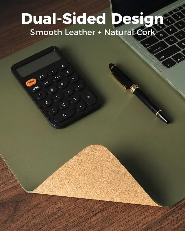 Alt view image 2 of 7 - Dual-Sided Desk Mat - Natural Cork & Leather Desk Protector, Large Mouse Pad & Writing Pad for Office/Home, Olive Green (25.6"x13.7")