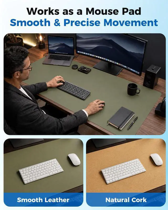 Alt view image 3 of 7 - Dual-Sided Desk Mat - Natural Cork & Leather Desk Protector, Large Mouse Pad & Writing Pad for Office/Home, Olive Green (25.6"x13.7")