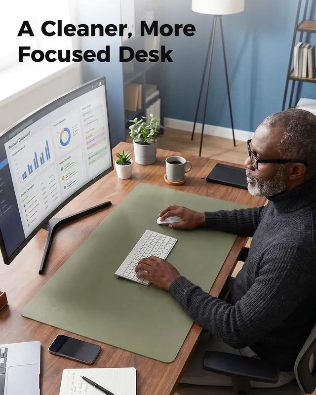 Alt view image 7 of 7 - Dual-Sided Desk Mat - Natural Cork & Leather Desk Protector, Large Mouse Pad & Writing Pad for Office/Home, Olive Green (25.6"x13.7")