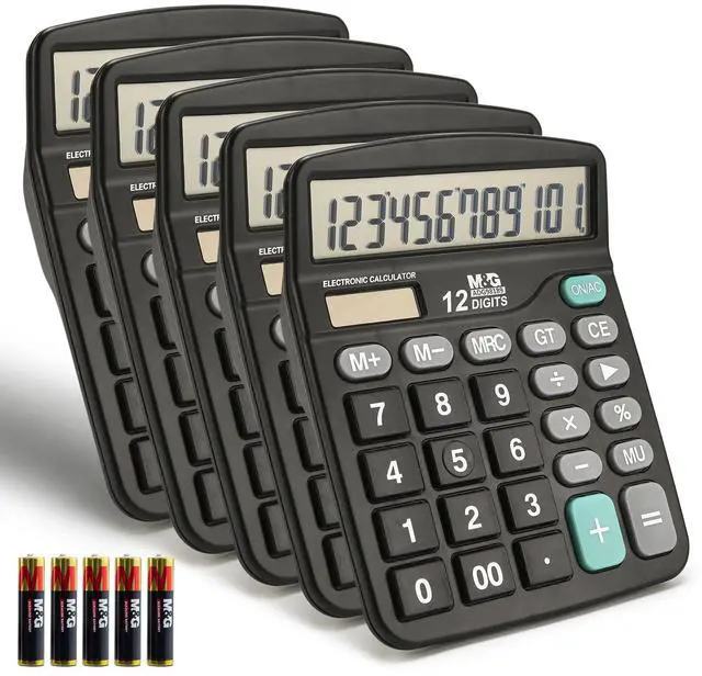 Main image of Desk Calculator 12 Digit Office Calculators with Large LCD Display, Dual Solar Power and Battery, Recessed Big Button Calculator for Office Home (Black, Pack of 5)