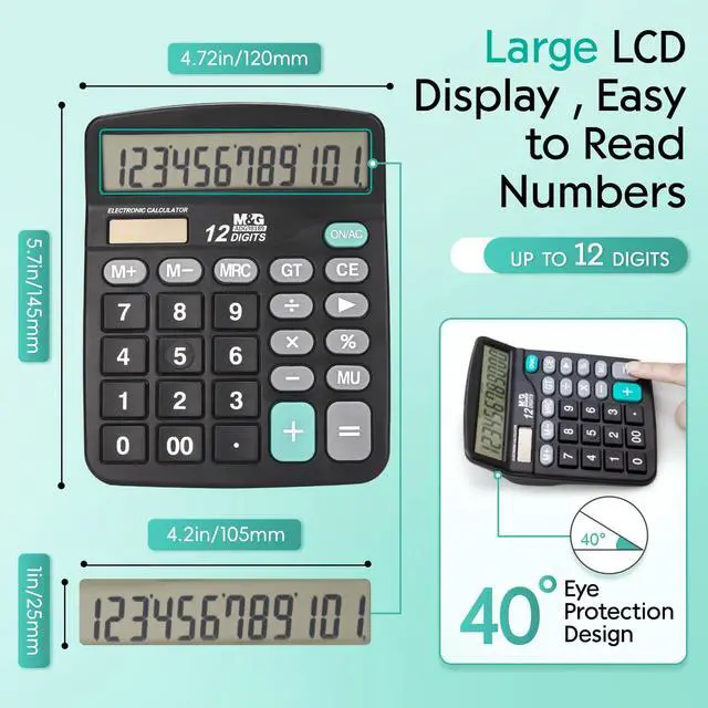 Alt view image 5 of 7 - Desk Calculator 12 Digit Office Calculators with Large LCD Display, Dual Solar Power and Battery, Recessed Big Button Calculator for Office Home (Black, Pack of 5)