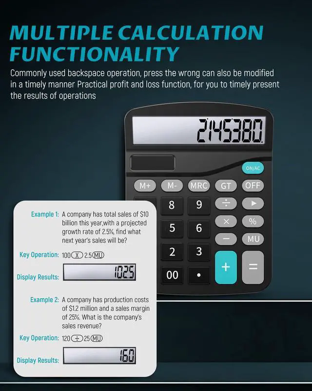 Alt view image 4 of 7 - Desk Calculators with Big Buttons and Large Display, Office Desktop Calculator Basic 12 Digit with Solar Power and AA Battery (Included), 10 Bulk Pack