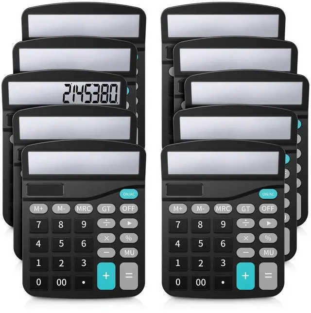 Main image of Desk Calculators with Big Buttons and Large Display, Office Desktop Calculator Basic 12 Digit with Solar Power and AA Battery (Included), 10 Bulk Pack