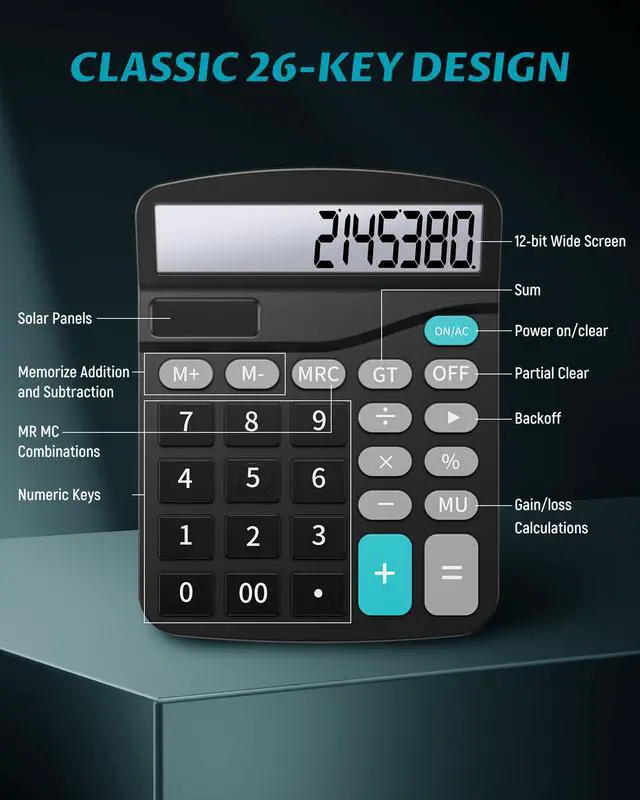 Alt view image 5 of 7 - Desk Calculators with Big Buttons and Large Display, Office Desktop Calculator Basic 12 Digit with Solar Power and AA Battery (Included), 10 Bulk Pack
