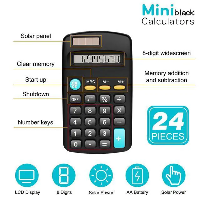 Alt view image 2 of 7 - 24 Pack Basic Mini Calculators - 8 Digit Display, Solar Battery & AC Power, Handheld for Office, School & Home