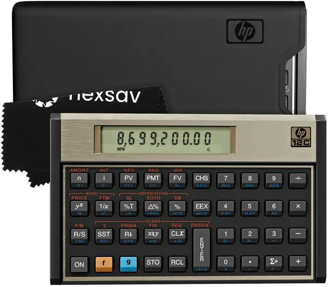 Main image of 12C Financial Calculator 120+ Functions: TVM, NPV, IRR, Amortization, Bond Calculations, Programmable Keys RPN Desktop Calculator for Finance, Accounting & Real Estate Includes Case + Cloth