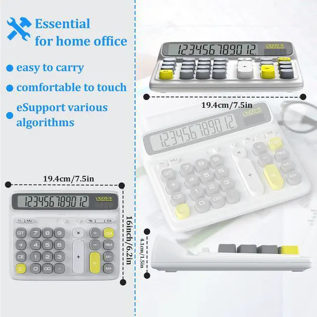 Alt view image 4 of 6 - Desktop Calculator with Extra Large 5-Inch LCD Display, 12-Digit Two Way Power Solar & Battery Office Calculator with Big Buttons for Business, Accounting & Home Use(White)