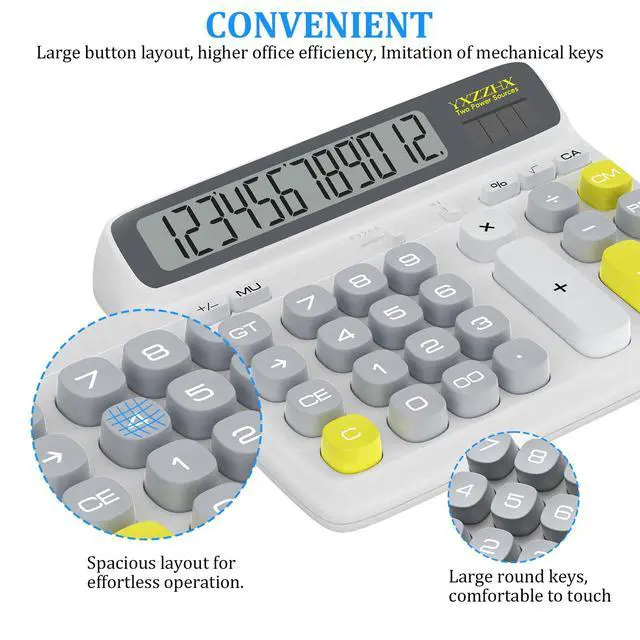Alt view image 5 of 6 - Desktop Calculator with Extra Large 5-Inch LCD Display, 12-Digit Two Way Power Solar & Battery Office Calculator with Big Buttons for Business, Accounting & Home Use(White)