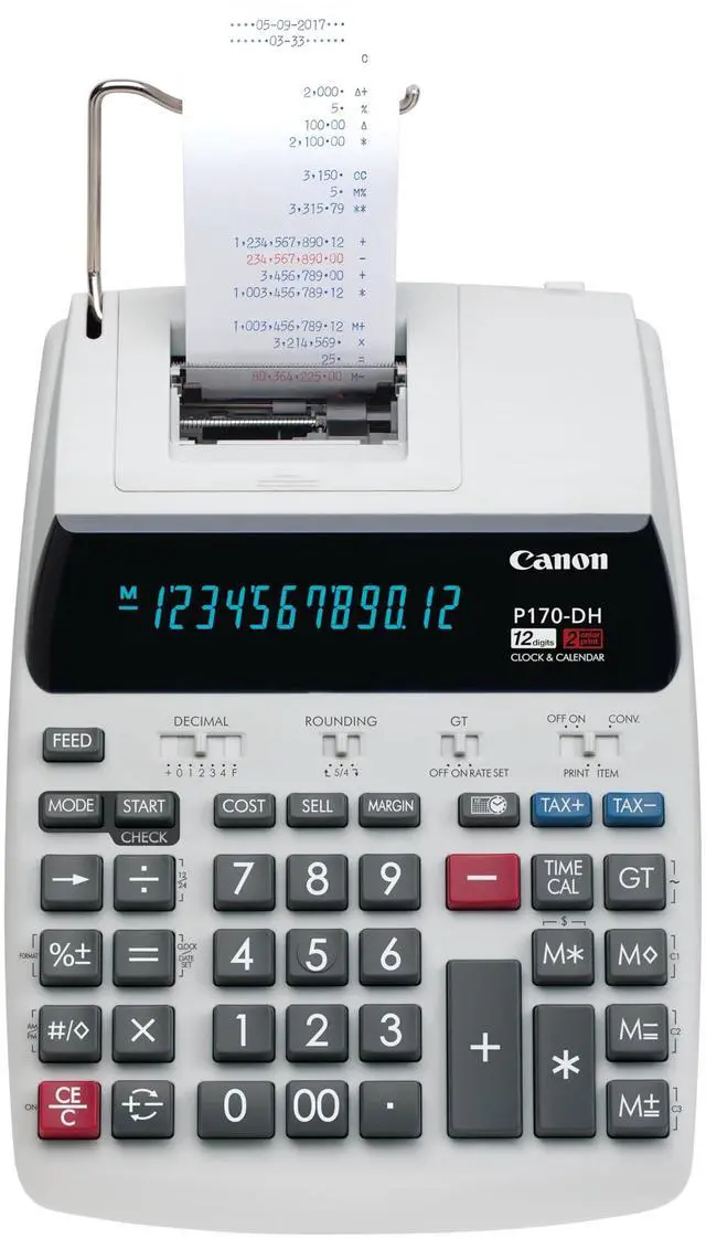 Main image of Office Products 2204C001 Canon P170-DH-3 Desktop Printing Calculator with Currency Conversion, Clock & Calendar, and Time Calculation, Black/White/Silver, 14.60 Inch x 9.60 Inch x 3.00 Inch