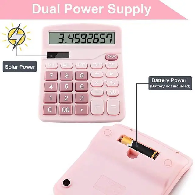 Alt view image 3 of 6 - Office Desk Calculator, Cute Calculator for Kids, Basic Calculators Desktop, Dual Power Simple Financial Calculator with Big Button Large Display for Office Home and School (Pink)