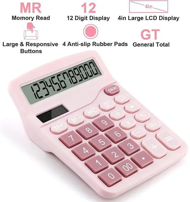 Alt view image 4 of 6 - Office Desk Calculator, Cute Calculator for Kids, Basic Calculators Desktop, Dual Power Simple Financial Calculator with Big Button Large Display for Office Home and School (Pink)