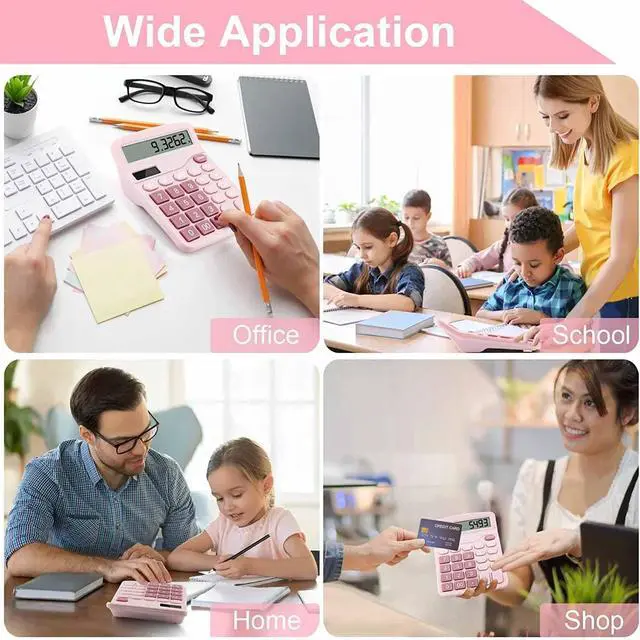 Alt view image 5 of 6 - Office Desk Calculator, Cute Calculator for Kids, Basic Calculators Desktop, Dual Power Simple Financial Calculator with Big Button Large Display for Office Home and School (Pink)