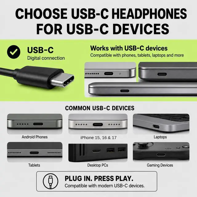 Alt view image 2 of 7 - USB C Headphones Wired for Kids & Adults with Mic & Volume Control, Type C Wired Headphones for iPhone 17, 16, 15, Samsung, Android - USBC Teens Corded Head Phones for Laptop, Computer, Tablet