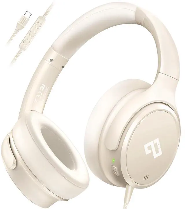 Main image of USB C Headphones Wired Active Noise Cancelling Over Ear-White | Portable/Comfortable/Built-in Microphone/Lightweight/for iPhone/iPad/Sports/School/Travel/Plug and Play/Ideal Gifts