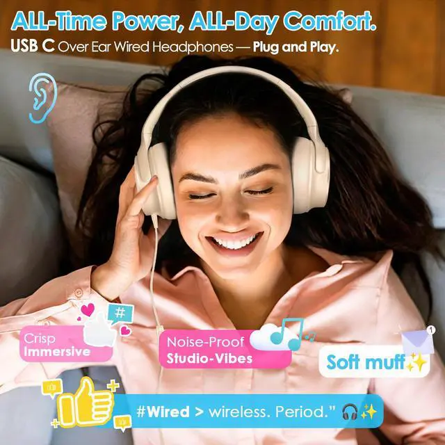 Alt view image 7 of 7 - USB C Headphones Wired Active Noise Cancelling Over Ear-White | Portable/Comfortable/Built-in Microphone/Lightweight/for iPhone/iPad/Sports/School/Travel/Plug and Play/Ideal Gifts