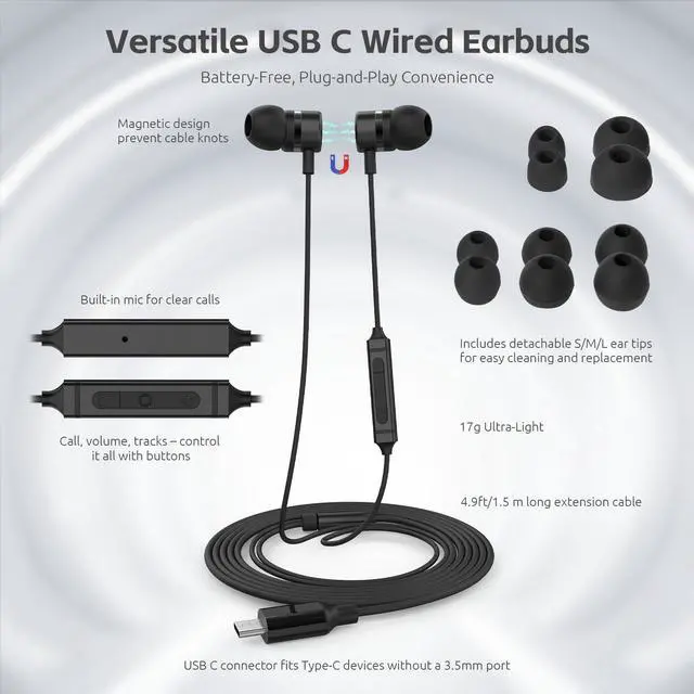 Alt view image 3 of 7 - USB C Headphones for iPhone 15 16 17,for Samsung S20-S23 A53 A54 Type C Wired Earbuds,Built-in Microphone Hi-Fi Bass Earphones,4.9ft Long Cord Magnetic in-Ear Ear Buds with 6 Ear Tips(Black)