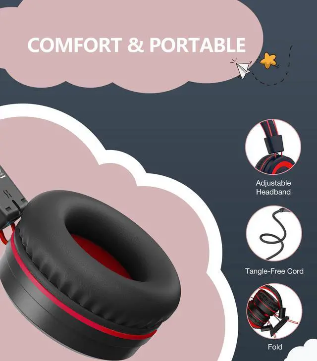 Alt view image 6 of 7 - Upgrade USB Type C Kids Headphone for School, 94dB Safe Volume Limited, HD Stereo Sound, Foldable Lightweight On-Ear Headphones for Boys/Girls/Students/Tablet/Travel (Red Black)