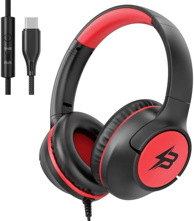 Main image of USB C Headphones Wired for Kids, 85/94dB Volume Limit With Mic, Black Red