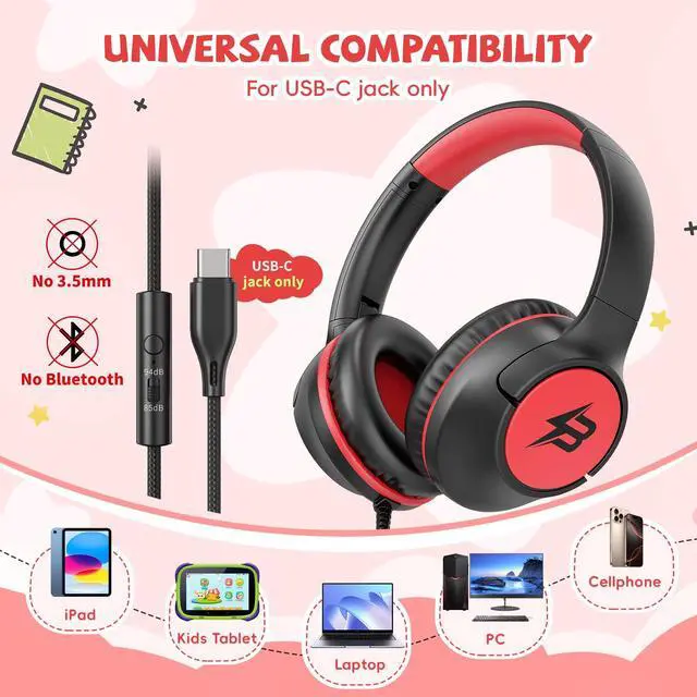 Alt view image 2 of 7 - USB C Headphones Wired for Kids, 85/94dB Volume Limit With Mic, Black Red