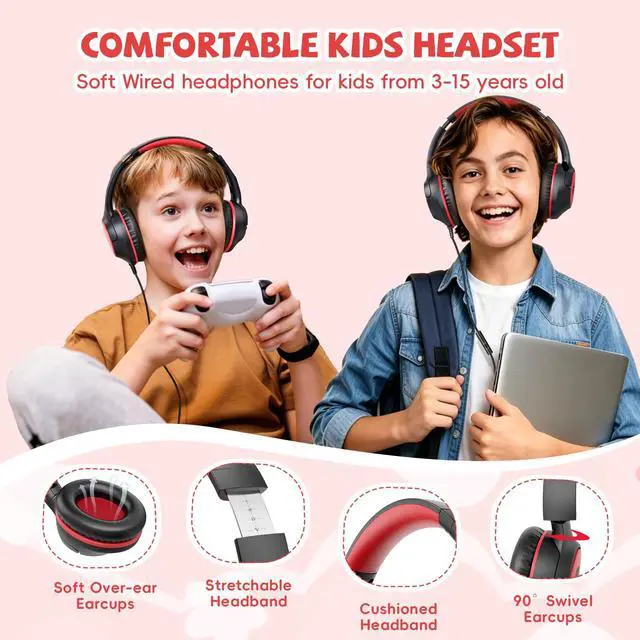 Alt view image 5 of 7 - USB C Headphones Wired for Kids, 85/94dB Volume Limit With Mic, Black Red