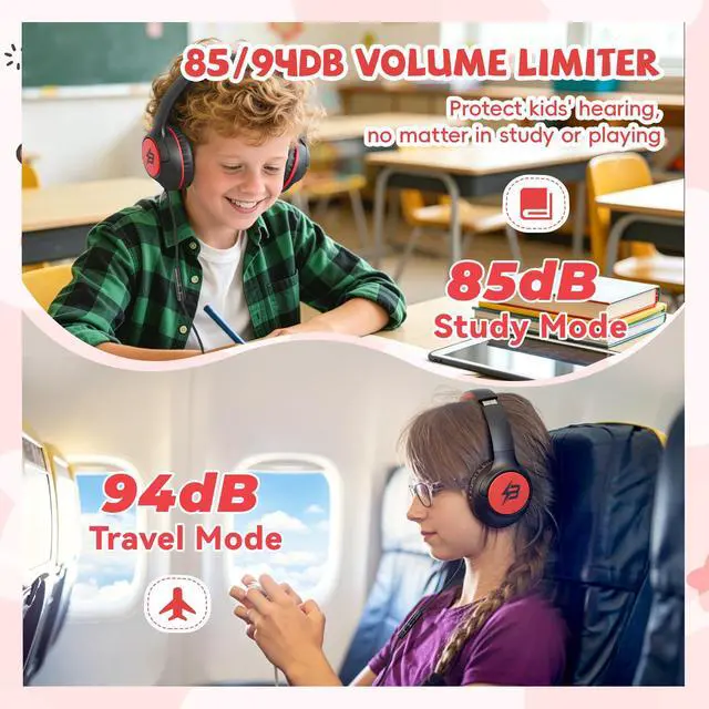 Alt view image 3 of 7 - USB C Headphones Wired for Kids, 85/94dB Volume Limit With Mic, Black Red