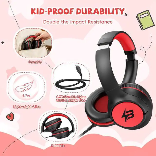 Alt view image 6 of 7 - USB C Headphones Wired for Kids, 85/94dB Volume Limit With Mic, Black Red