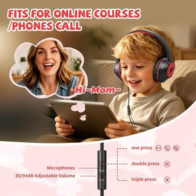 Alt view image 4 of 7 - USB C Headphones Wired for Kids, 85/94dB Volume Limit With Mic, Black Red