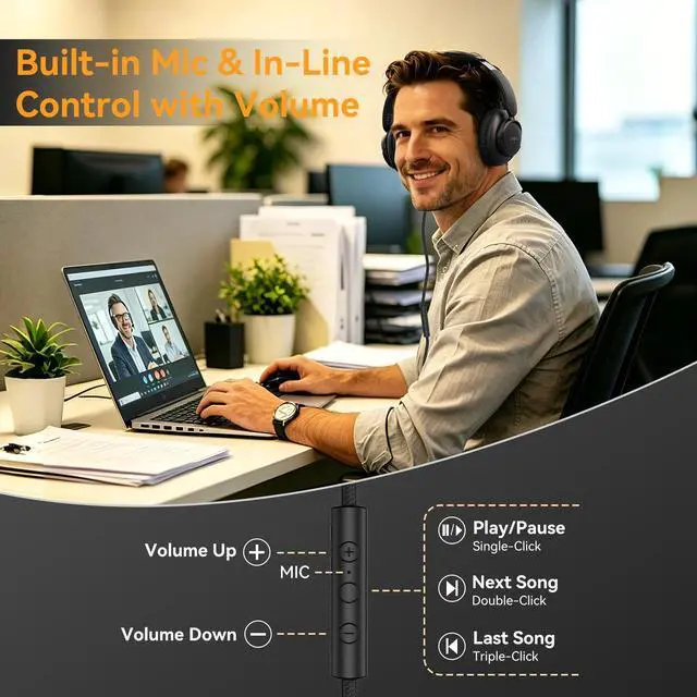 Alt view image 2 of 7 - Wired USB C Headphone with Microphone, Over Ear Foldable Type C Corded Headphones with 4.9ft Tangle-Free Cord for Tablet Laptop School Airplane Travel, Black