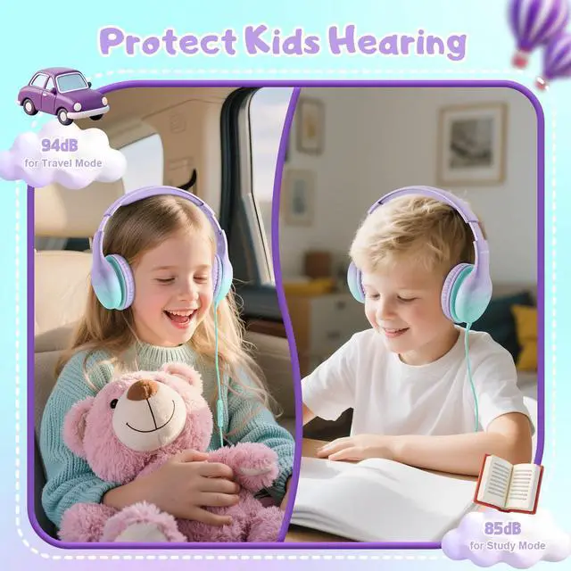Alt view image 2 of 7 - USB Type C Kids Headphones, Wired Headphones for Kids with Microphone 85/94dB Volume Limit, Stereo Sound Portable Over Ear Headphones for School/Travel/Tablet/iPad, Green Violet