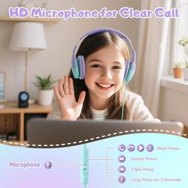 Alt view image 3 of 7 - USB Type C Kids Headphones, Wired Headphones for Kids with Microphone 85/94dB Volume Limit, Stereo Sound Portable Over Ear Headphones for School/Travel/Tablet/iPad, Green Violet